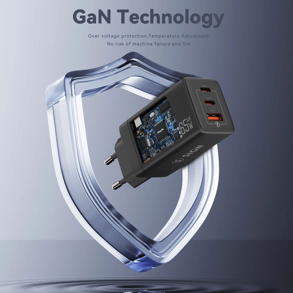 SiGN GaN Ultra 65W 2xUSB-C og 1xUSB-A hurtiglader - svart