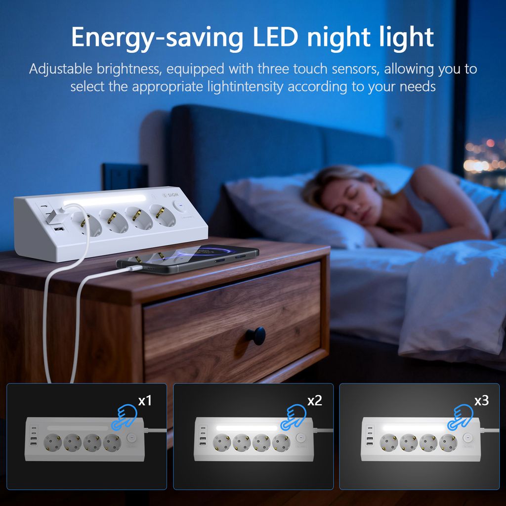 SiGN hurtigladende strømskinne for skrivebord 4-veis/2x USB-A/2x USB-C 1,8m – hvit