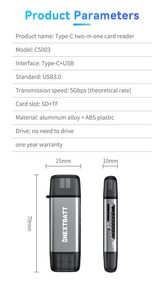 NEXTBATT SD-/microSD-minneskortläsare med USB-C/USB-A