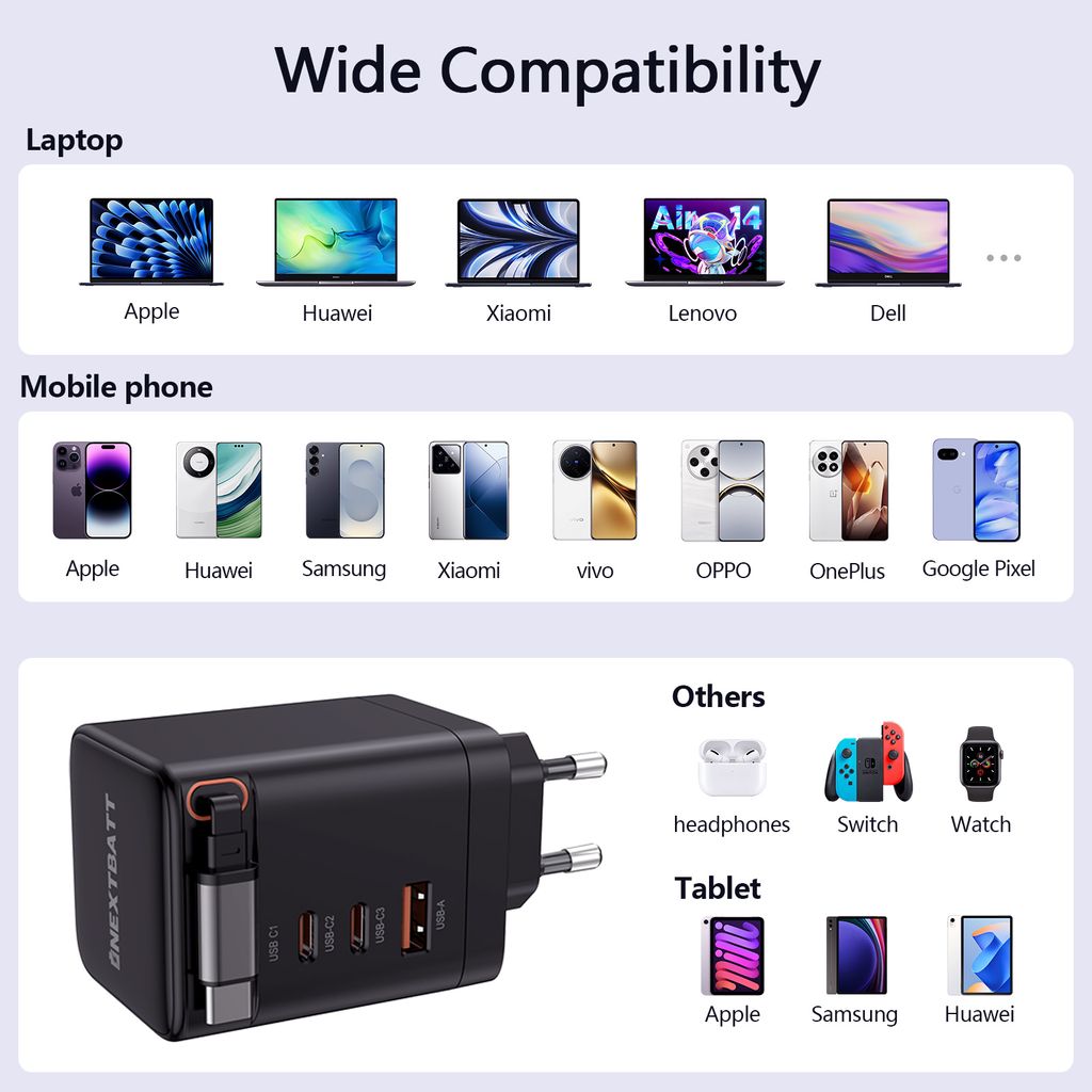 NEXTBATT 100W GAN snabbladdare med utdragbar USB-C-kabel – Svart