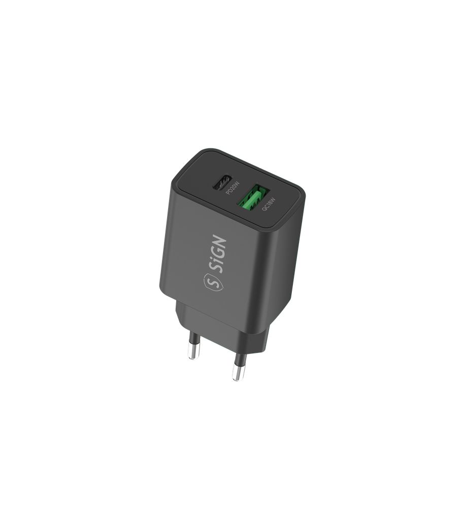 SiGN Pikalaturi USB ja USB-C, PD ja Q.C3.0, 3.5A, 20W - Musta