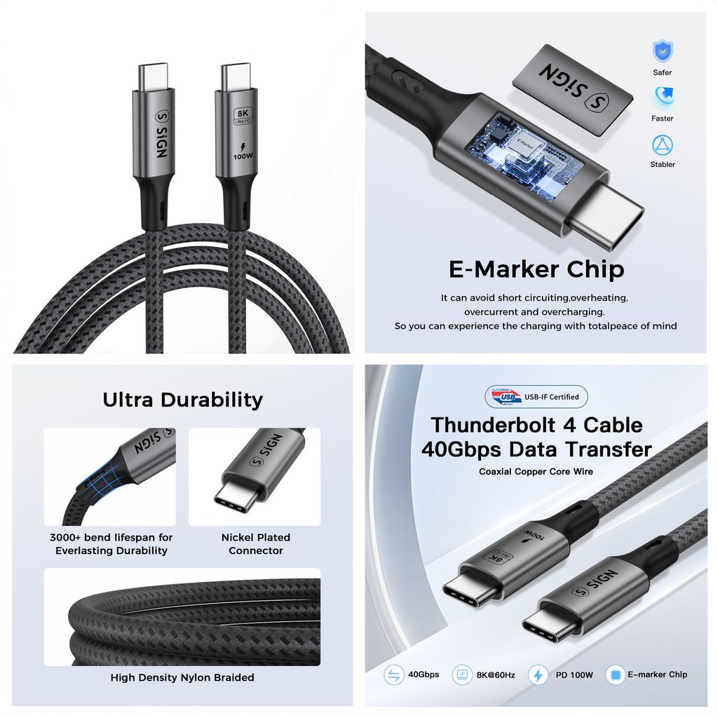 SiGN USB-C - USB-C -kaapeli 100W, 1.8m - Musta/Harmaa