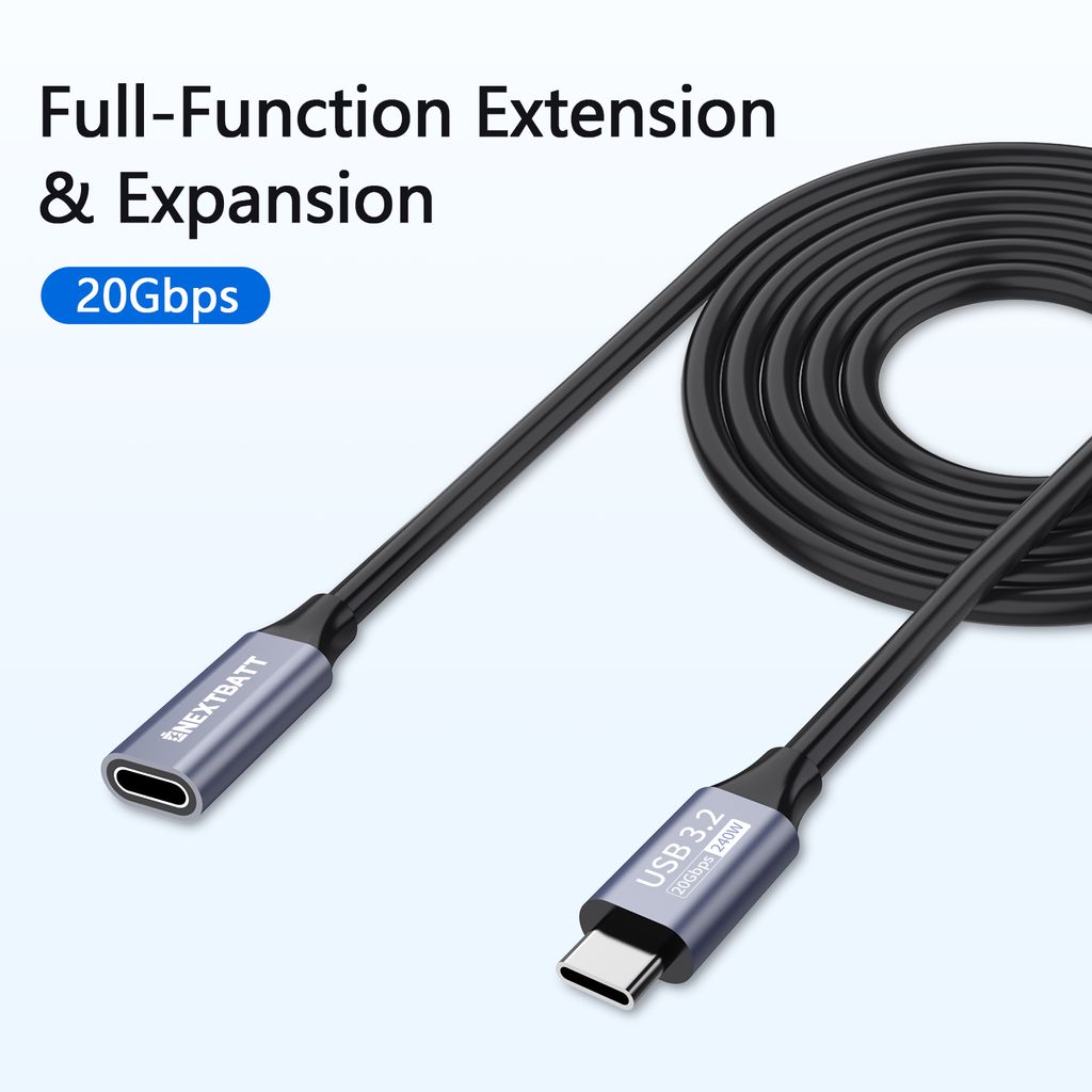 Nextbatt USB-C forlengelseskabel hann til hunn 1 m – svart