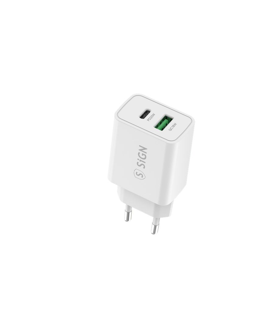 SiGN Hurtiglader USB og USB-C, PD og Q.C3.0, 3.5A, 20W - Hvit