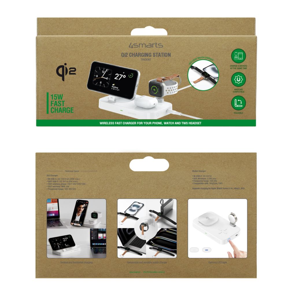 4smarts Qi2 Ladestasjon Trident for Smarttelefon / Apple Watch - Hvit