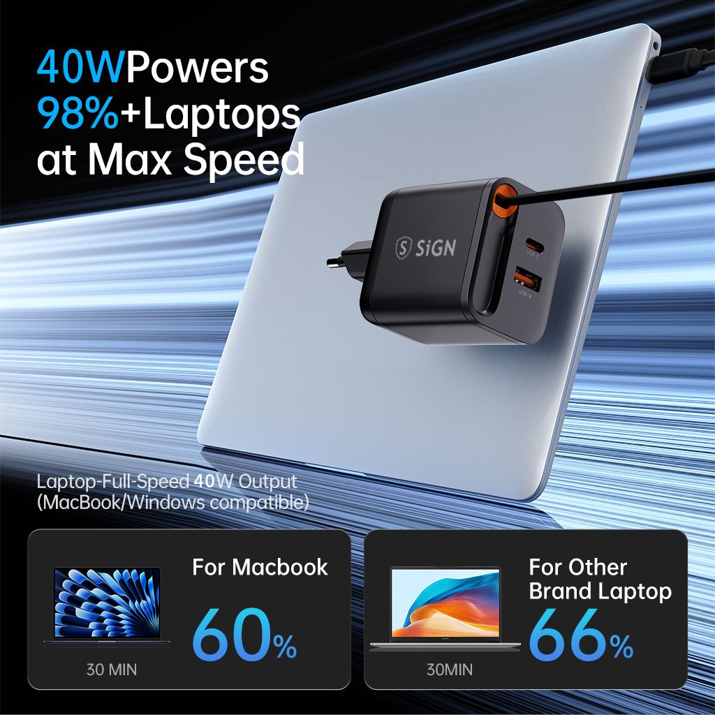 SiGN GaN Snabbladdare USB-C/USB-A 40W med utdragbar USB-C kabel  - Svart