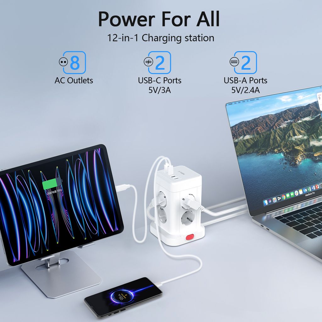 SiGN skrivebordsstrømskinne 8-veis + 2x USB-C/2x USB-A, 1,8m – hvit