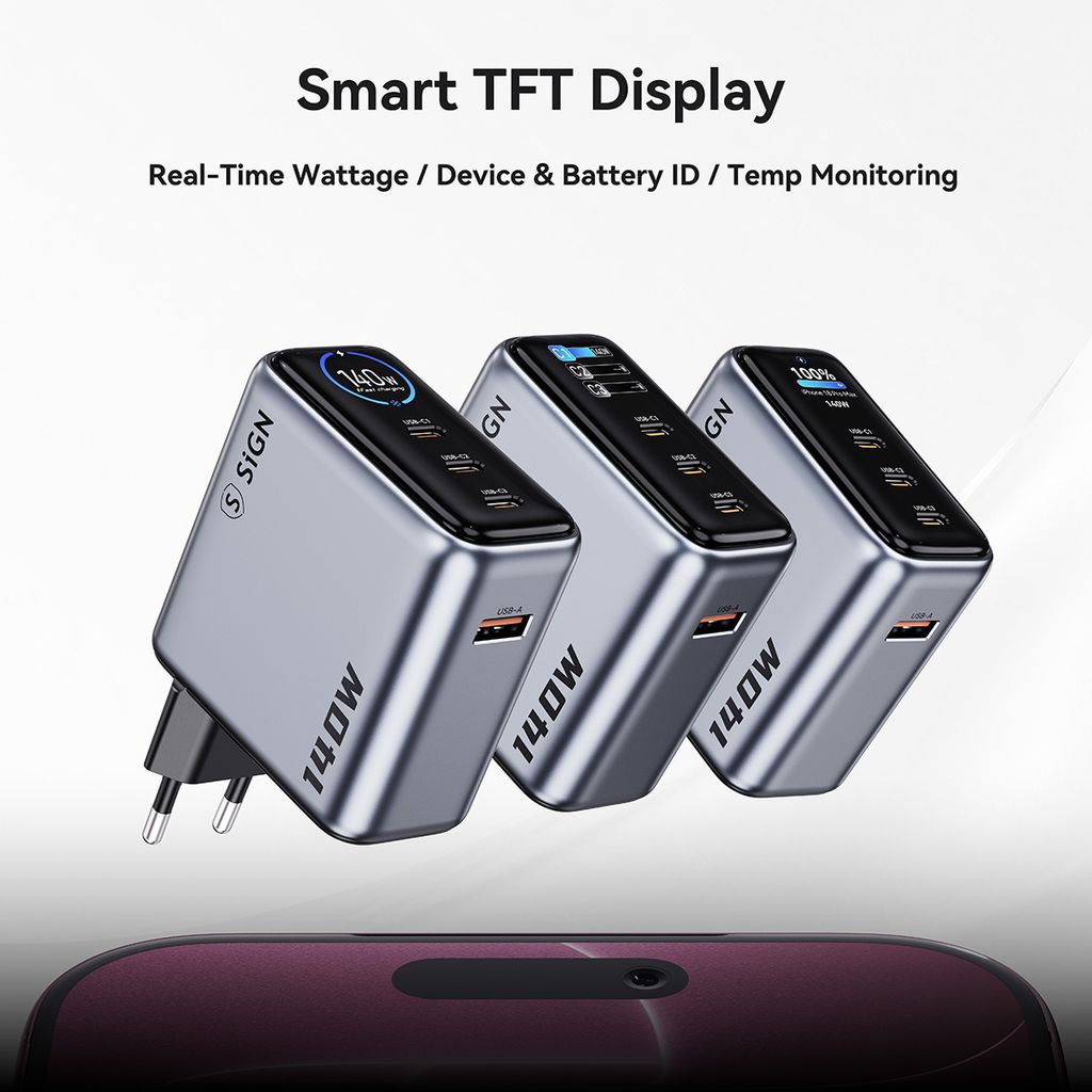 SiGN 140W Snabbladdare med Smart Display – 3x USB-C / 1x USB-A - Grå