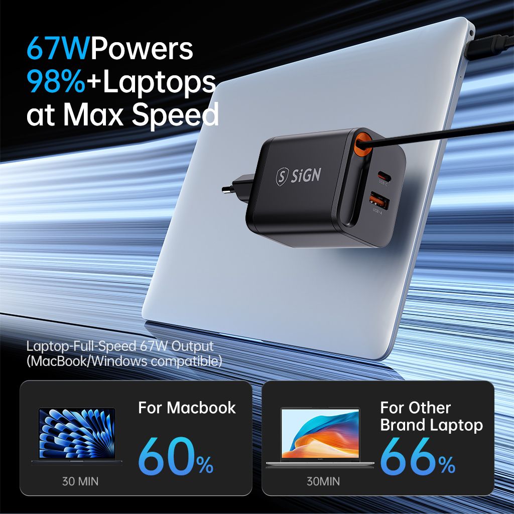 SiGN GaN Snabbladdare USB-C/USB-A 65W med utdragbar USB-C kabel  - Svart