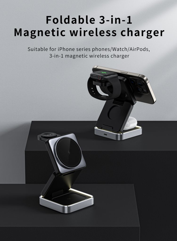 SiGN 3-i-1 sammenleggbar trådløs magnetisk ladestasjon 15W