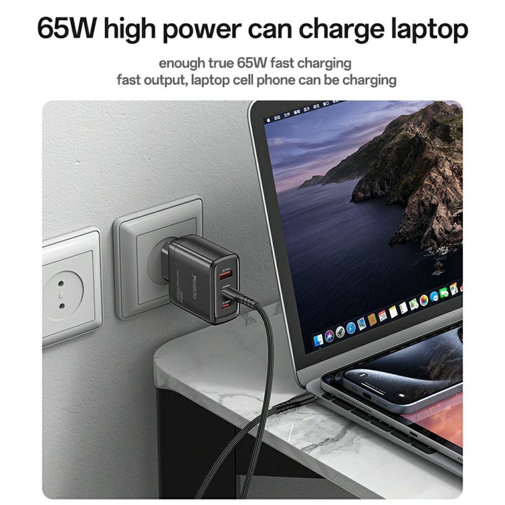 YESIDO YC144C 65W GaN hurtigoplader 2xUSB-C/1xUSB-A med USB-C kabel 1,2m – Sort