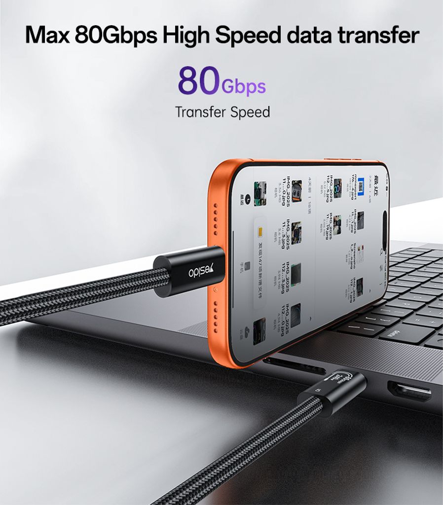 YESIDO CA211 Thunderbolt 5 USB-C til USB-C kabel 240W, 1m – Sort