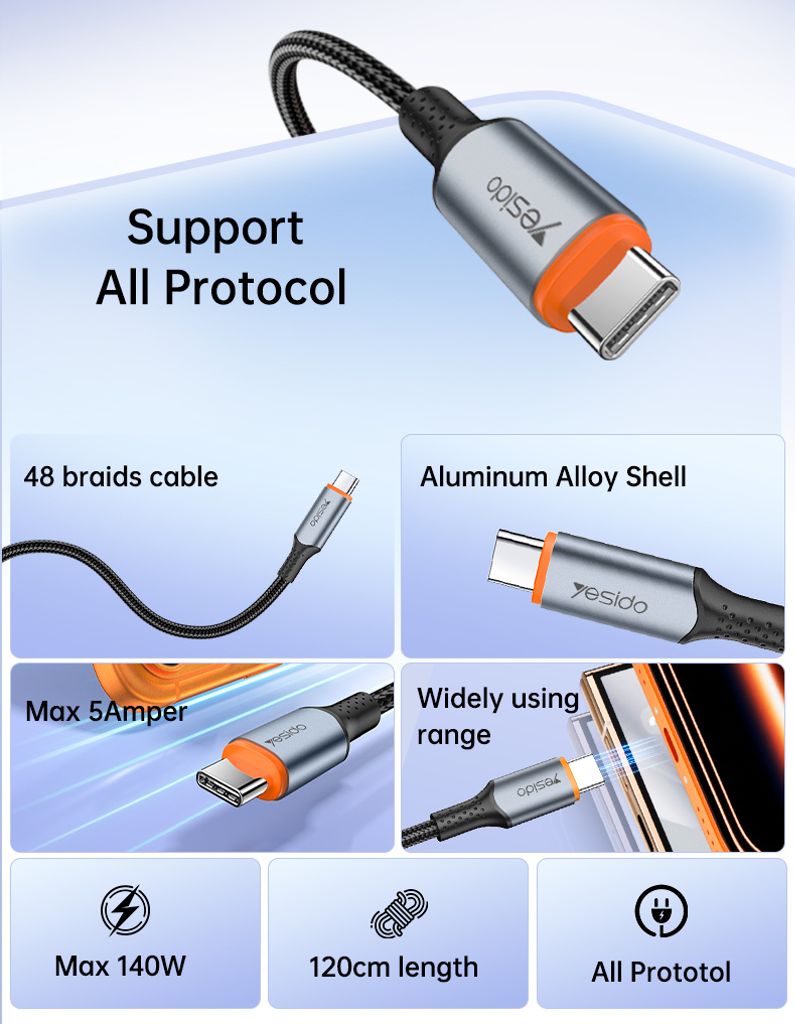 YESIDO CA212 USB-C till USB-C snabbladdningskabel 140W – 1,2 m