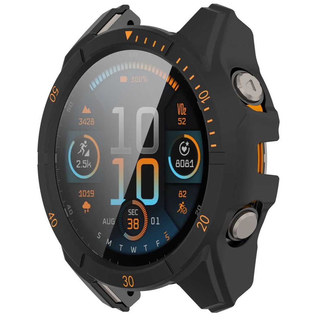 Garmin Fenix 8 47mm Etui med Hærdet Glas Skærmbeskytter – Sort/Orange