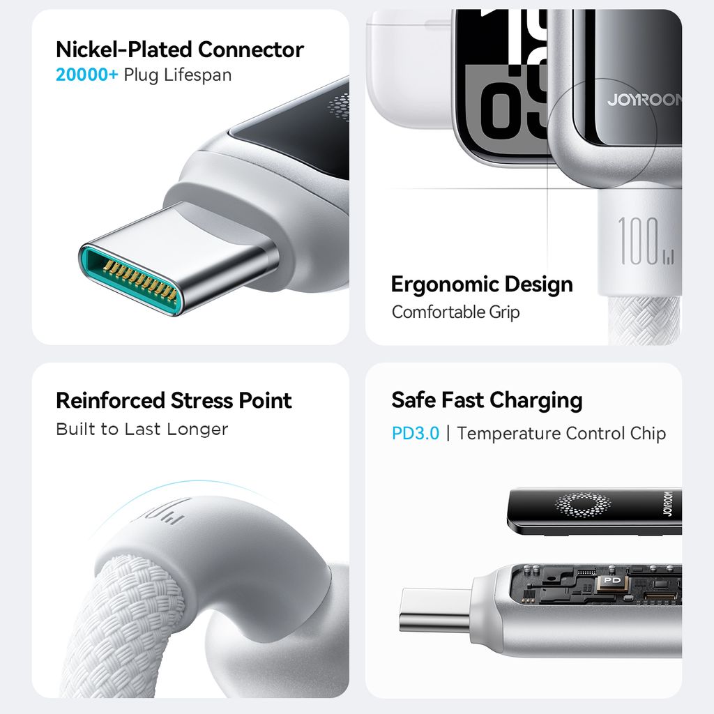 Joyroom USB-C to USB-C Fast Charging Data Cable 100W, 1.2m - White