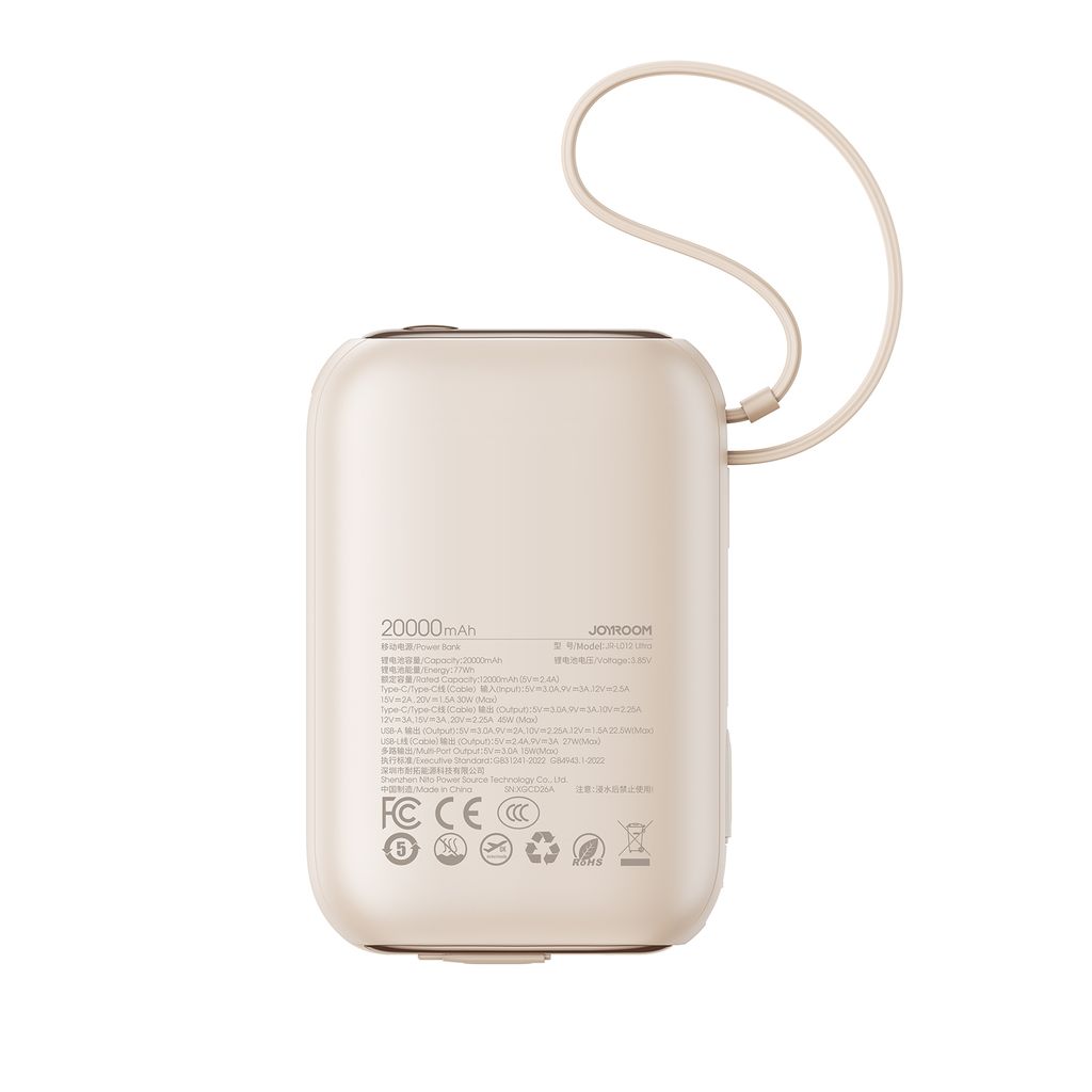 Joyroom JR-L012 Ultra powerbank 20000mAh met USB-C/Lightning-kabels - Abrikoos