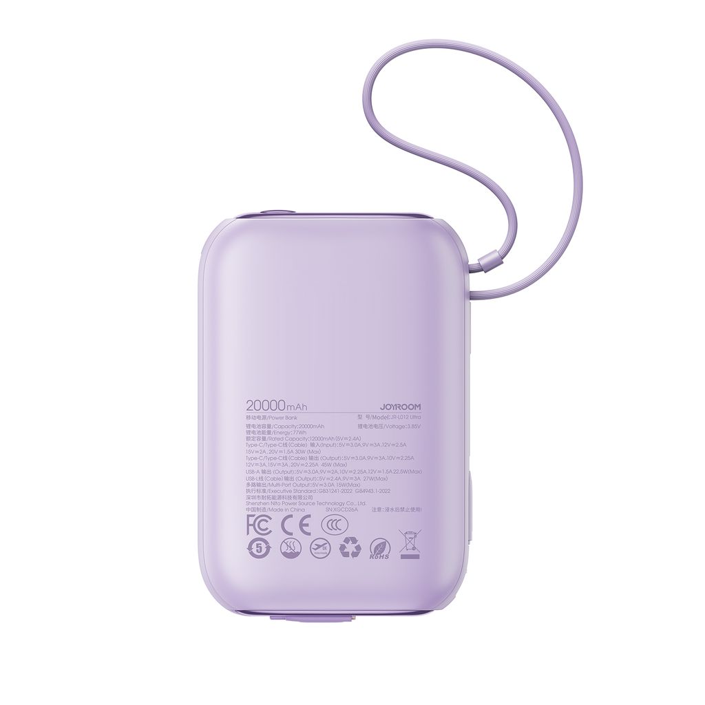 Joyroom JR-L012 Ultra powerbank 20000mAh met USB-C/Lightning-kabels - Paars