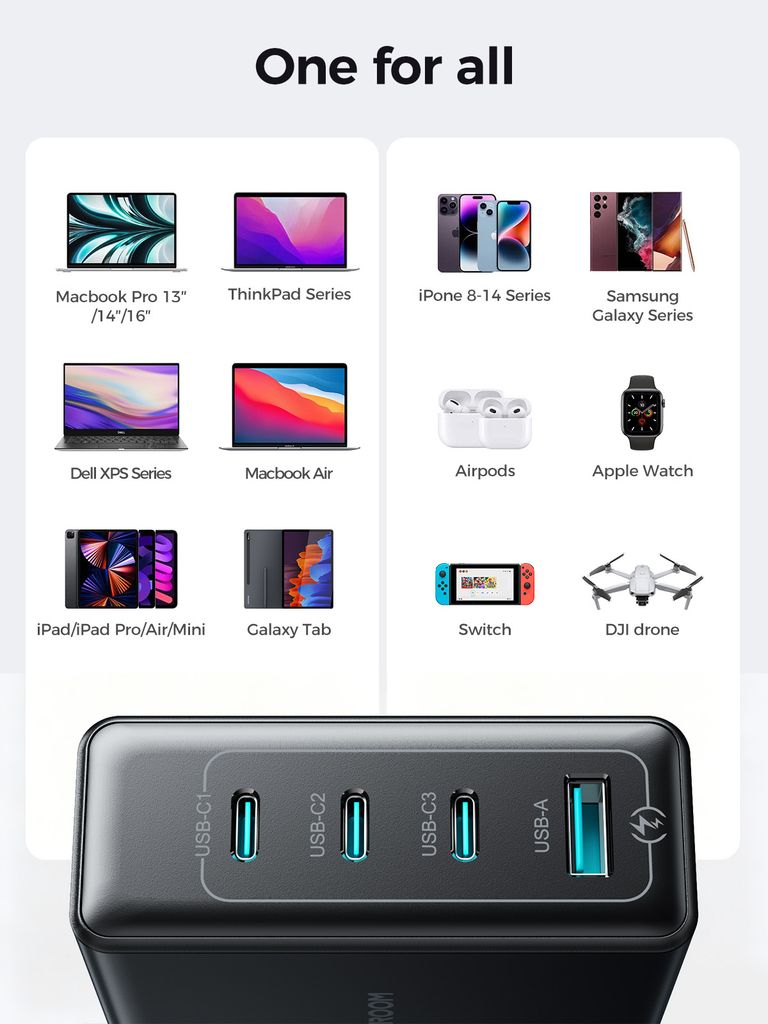 Joyroom 100W GaN Moniporttipikalaturi USB-C-kaapelilla 240W, 2m – Musta