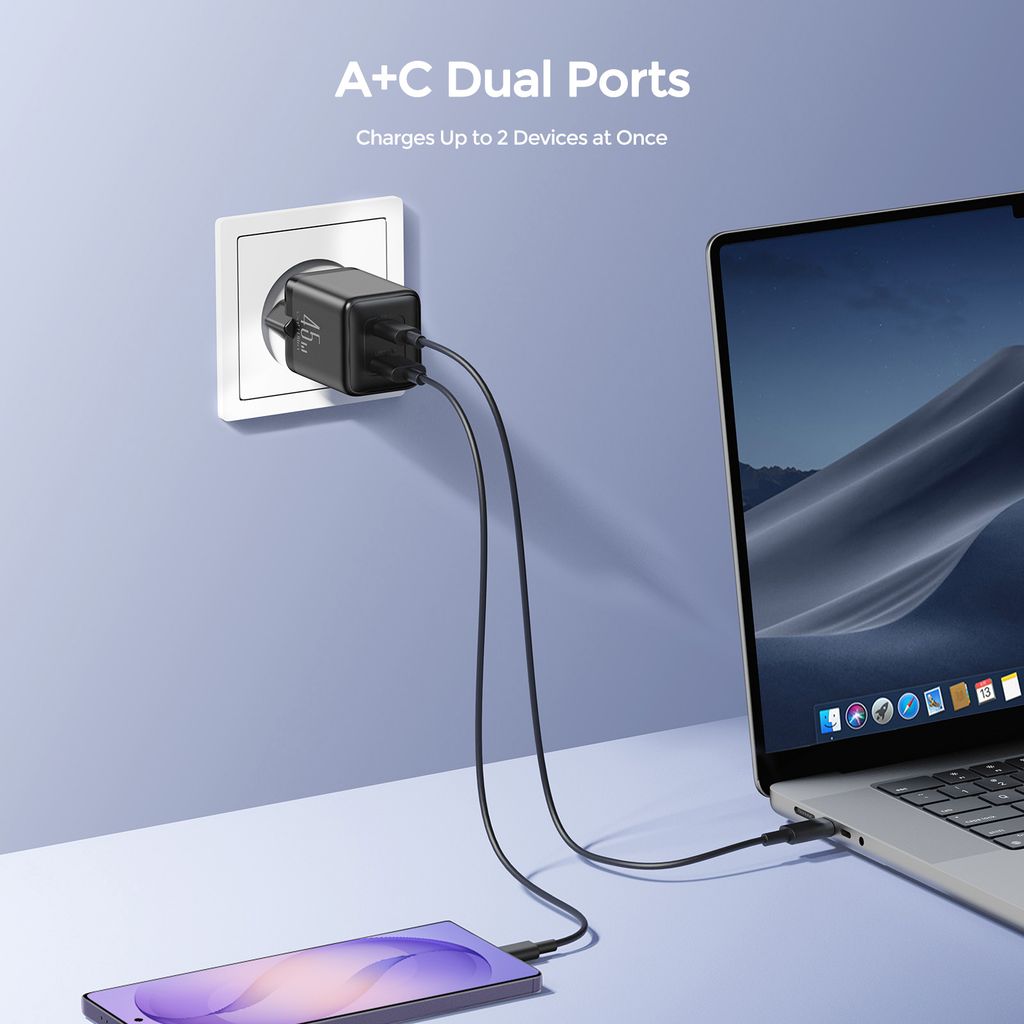 Joyroom JR-TG8 45W USB-A/USB-C wandlader GaN – Zwart