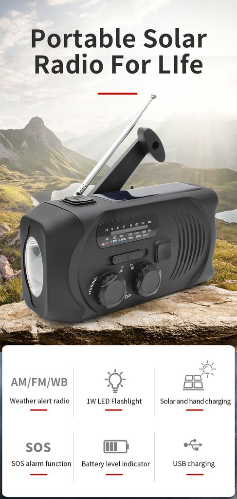 SiGN Vevradio med Solceller, Ficklampa och 2000mAh Powerbank