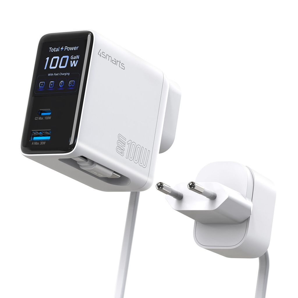 4Smarts GaN 100W Reseadapter/Laddare  EU/US/UK till USB-C/USB-A + USB-C kabel
