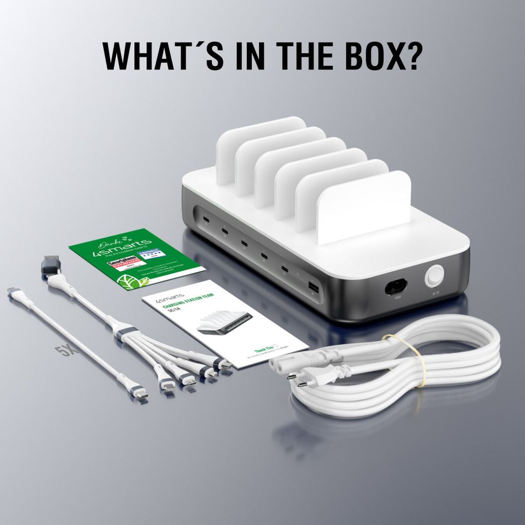 4smarts Team Laddstation 100 W – 5 USB-C + 1 USB-A med 6 kablar