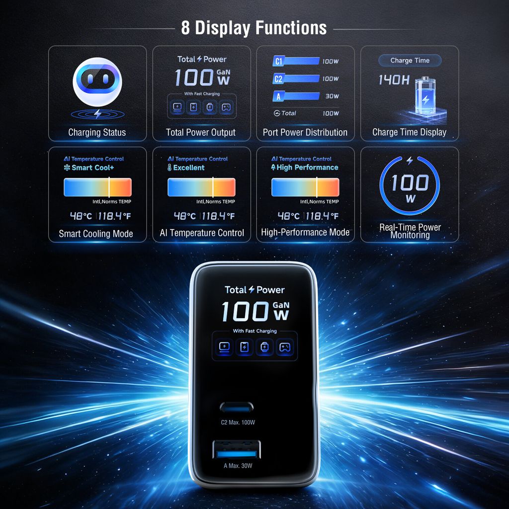 4Smarts GaN Flex 100W matkasovitin/laturi EU/USA - USB-C/USB-A + USB-C-kaapeli