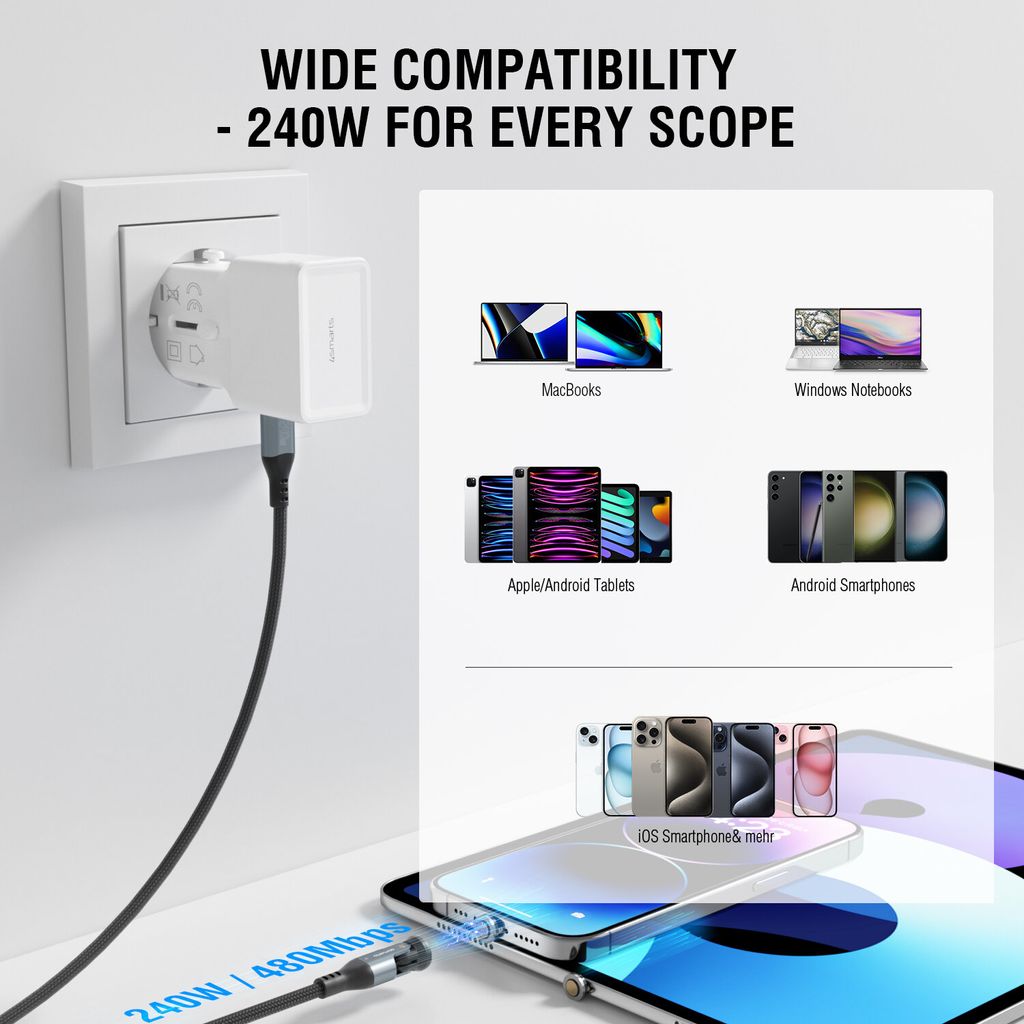 4Smarts GravityCord USB-C 540° magnetiskt kabelset 240W 1,8m – svart