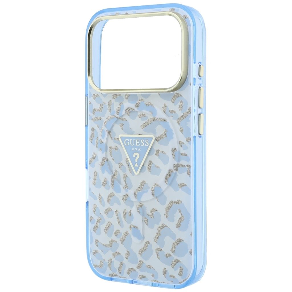 Guess Leopard Glitter Triangle Logo MagSafe -kuori iPhone 17 Pro Max/18 Pro Max:lle - Sininen