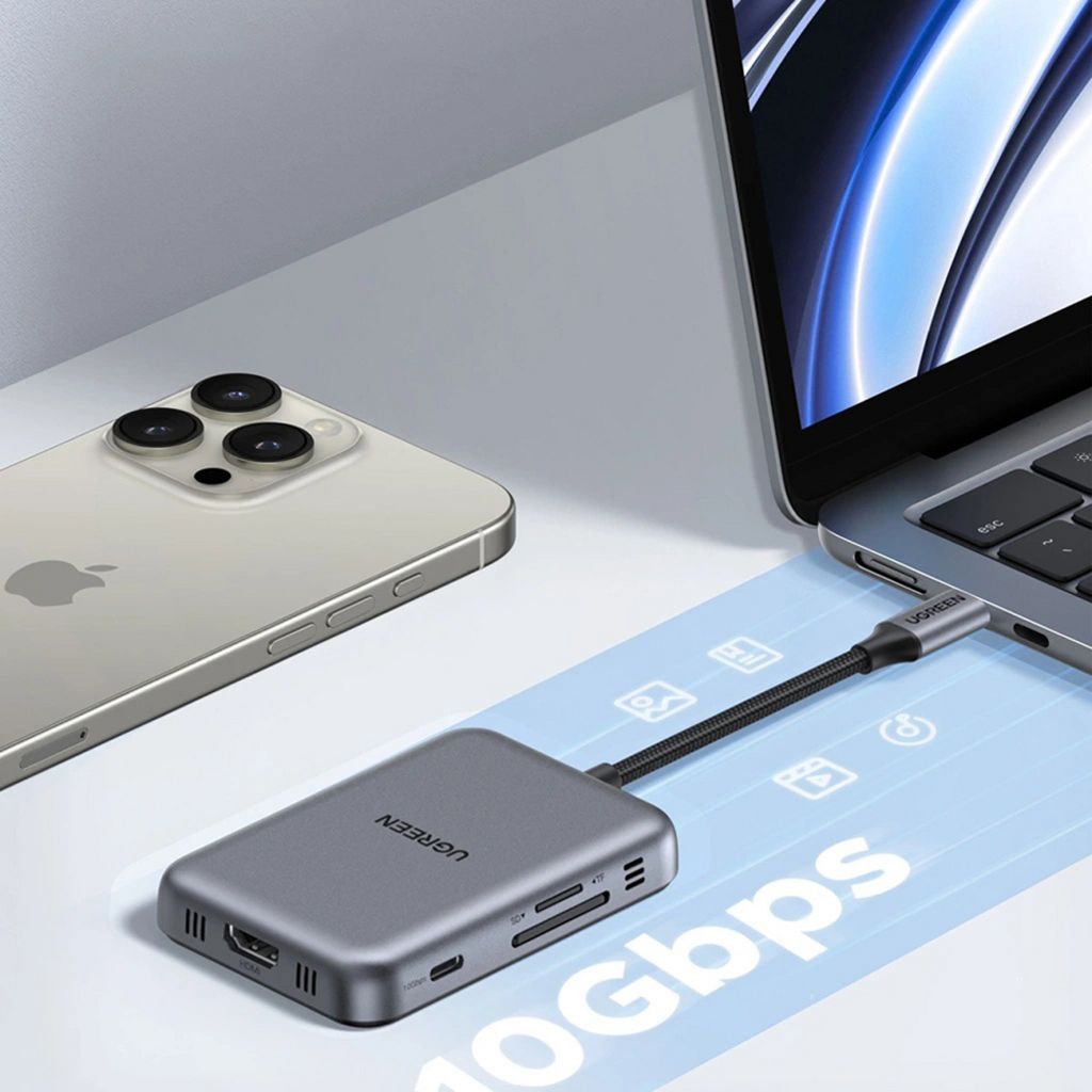 Ugreen CM896 USB-C-keskitin HDMI / USB-C / 2x USB / 1x SD / 1x TF -liitännällä - harmaa