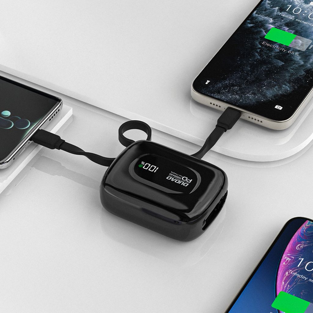 Dudao K32 powerbank 22,5 W 10000 mAh med USB-C/Lightning-kabler – svart