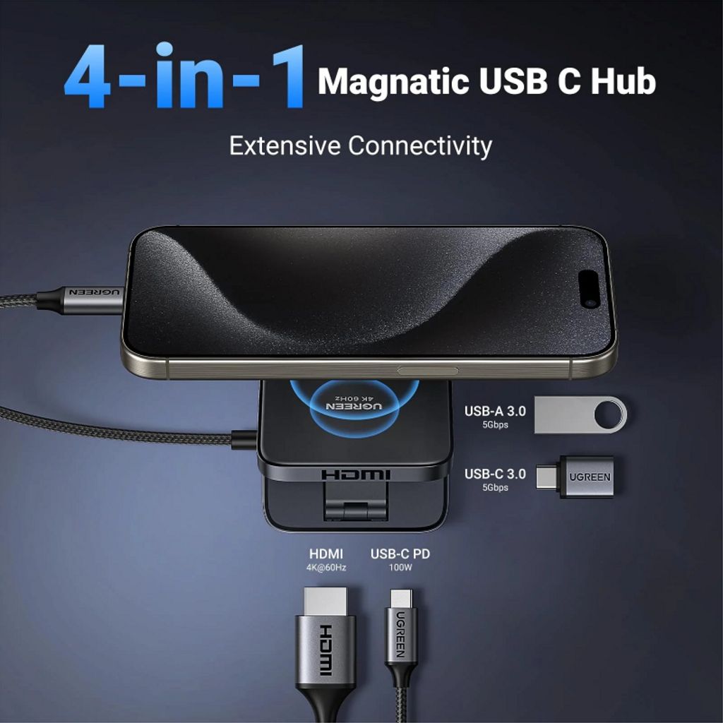 UGREEN USB-C-keskitin 1x USB-A/2x USB-C/1x HDMI - Harmaa