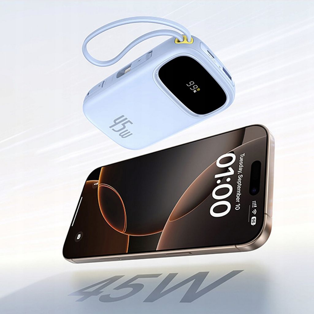 Baseus Powerbank EnerFill FC31 Qpow 3 20000mAh 45W med USB-C og Lightning-kabel - Lilla