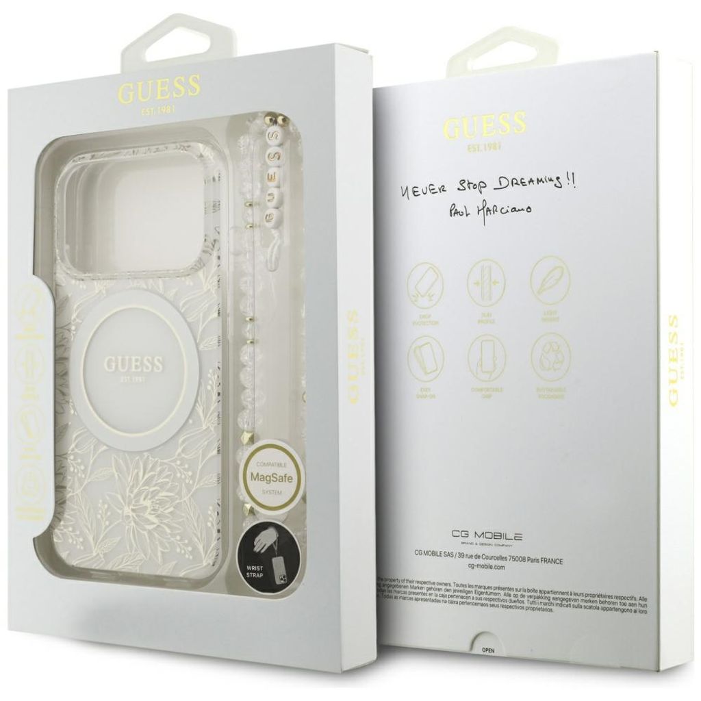 Guess IML Flower MagSafe -kuori helmirannekkeella iPhone 18 Pro/17 Pro:lle - Valkoinen