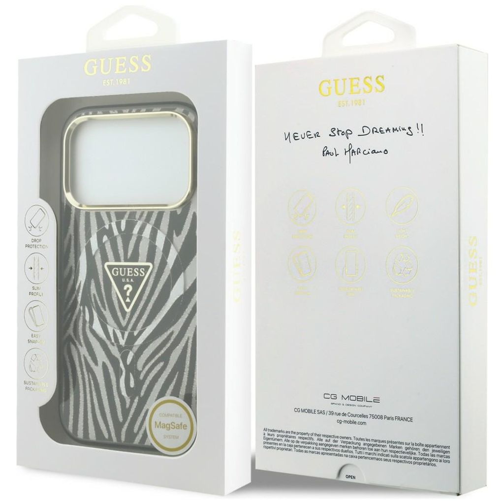 Guess IML Zebra Glitter Triangle Logo MagSafe -kuori  iPhone 18 Pro/17 Pro:lle - Hopea