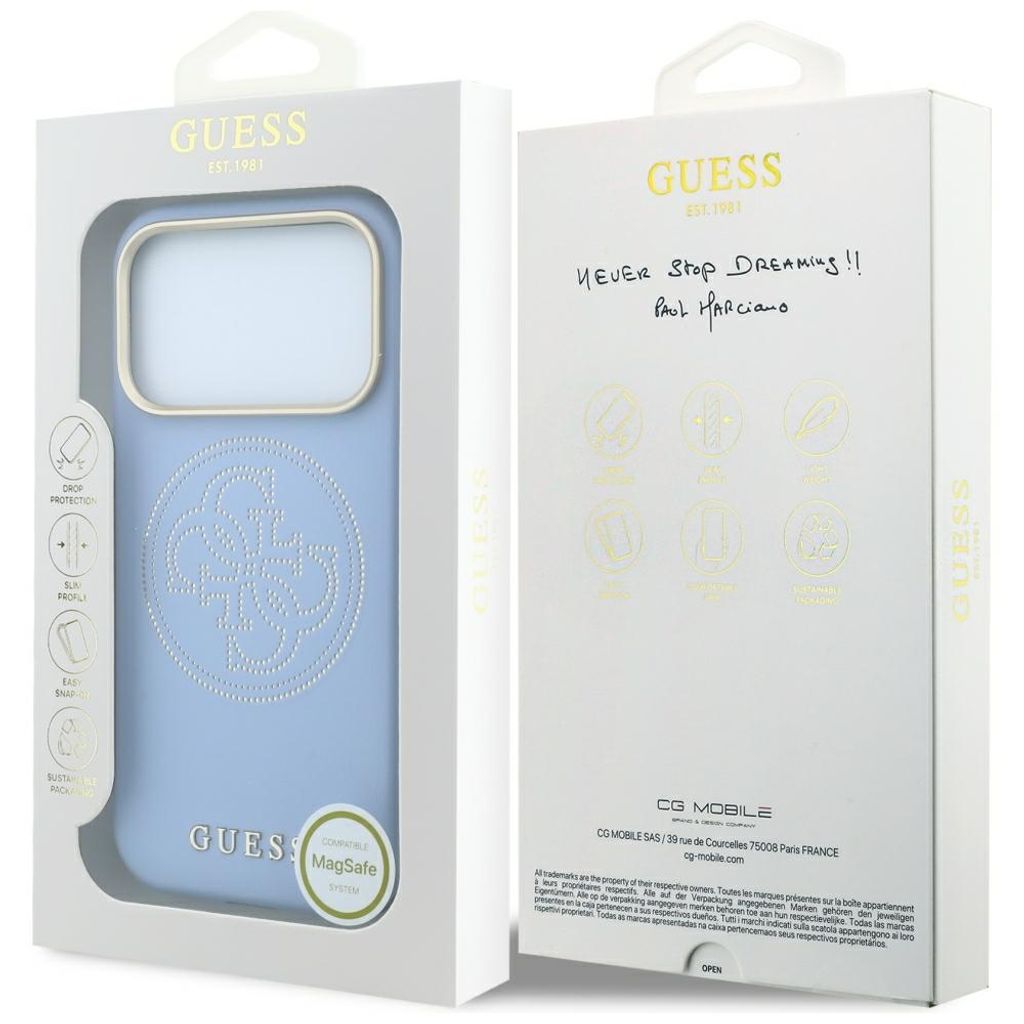 Guess Perforated 4G Gold Logo Magsafe -kuori iPhone 18 Pro Max:lle - Vaaleansininen