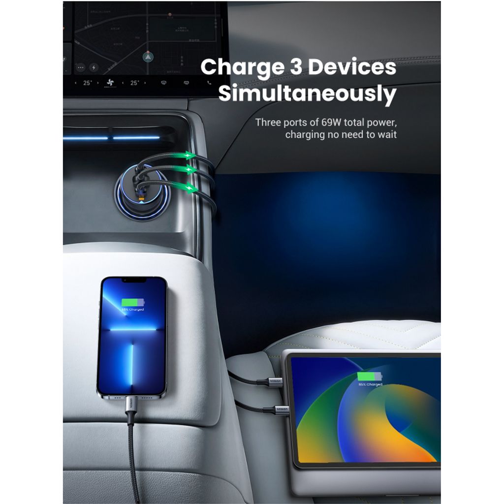 UGREEN EC703 Autolaturi 75W – 2 x USB-C + 1 x USB-A