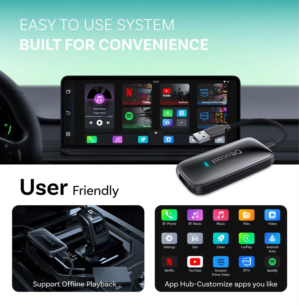 Ottocast Play2Video Ultra trådløs CarPlay/Android Auto-adapter - sort