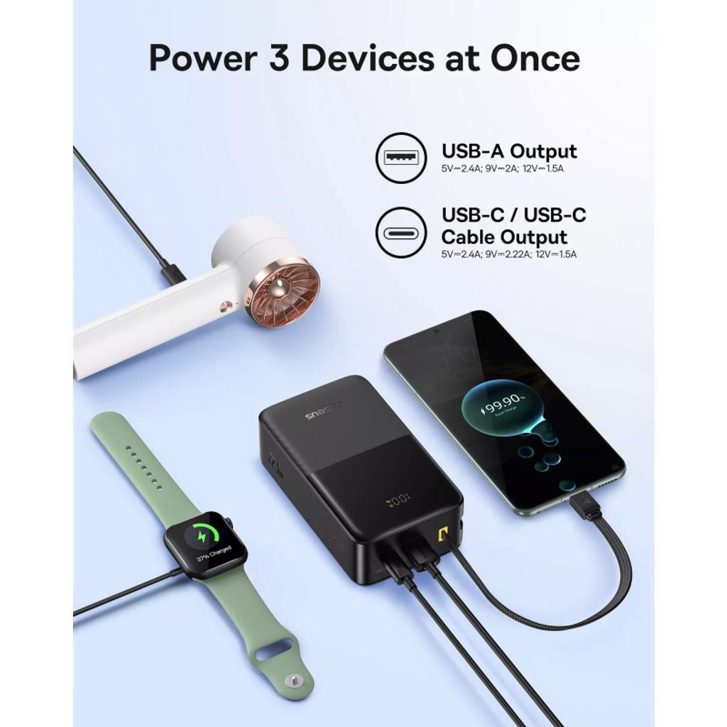 Baseus Powerbank EnerFill Bipow2 Pro 30000mAh 22.5W QC/PD + USB-C-kabel - Svart