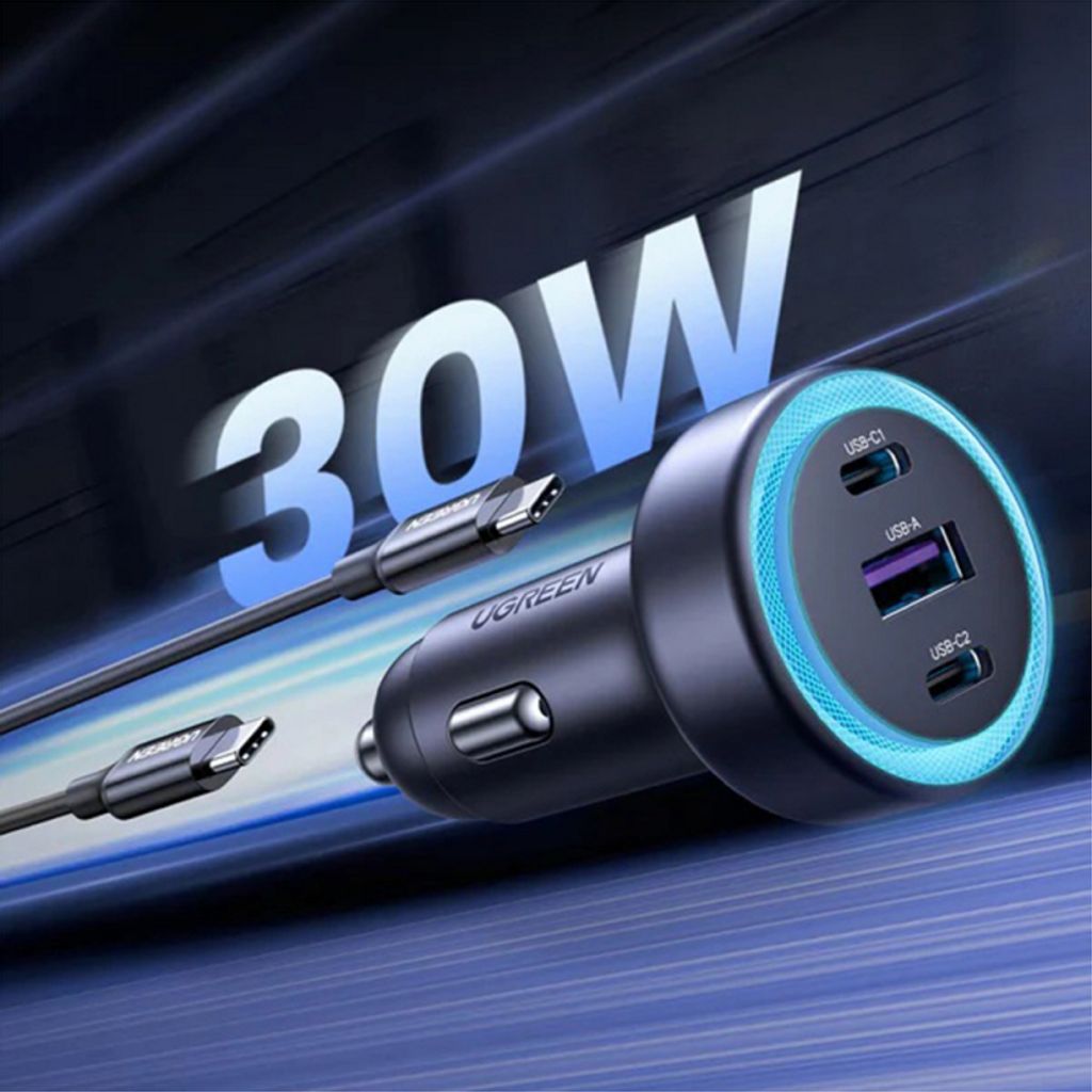 UGREEN EC307 autolaturi 30W, 3A, 1 x USB-A / 2 x USB-C - Harmaa