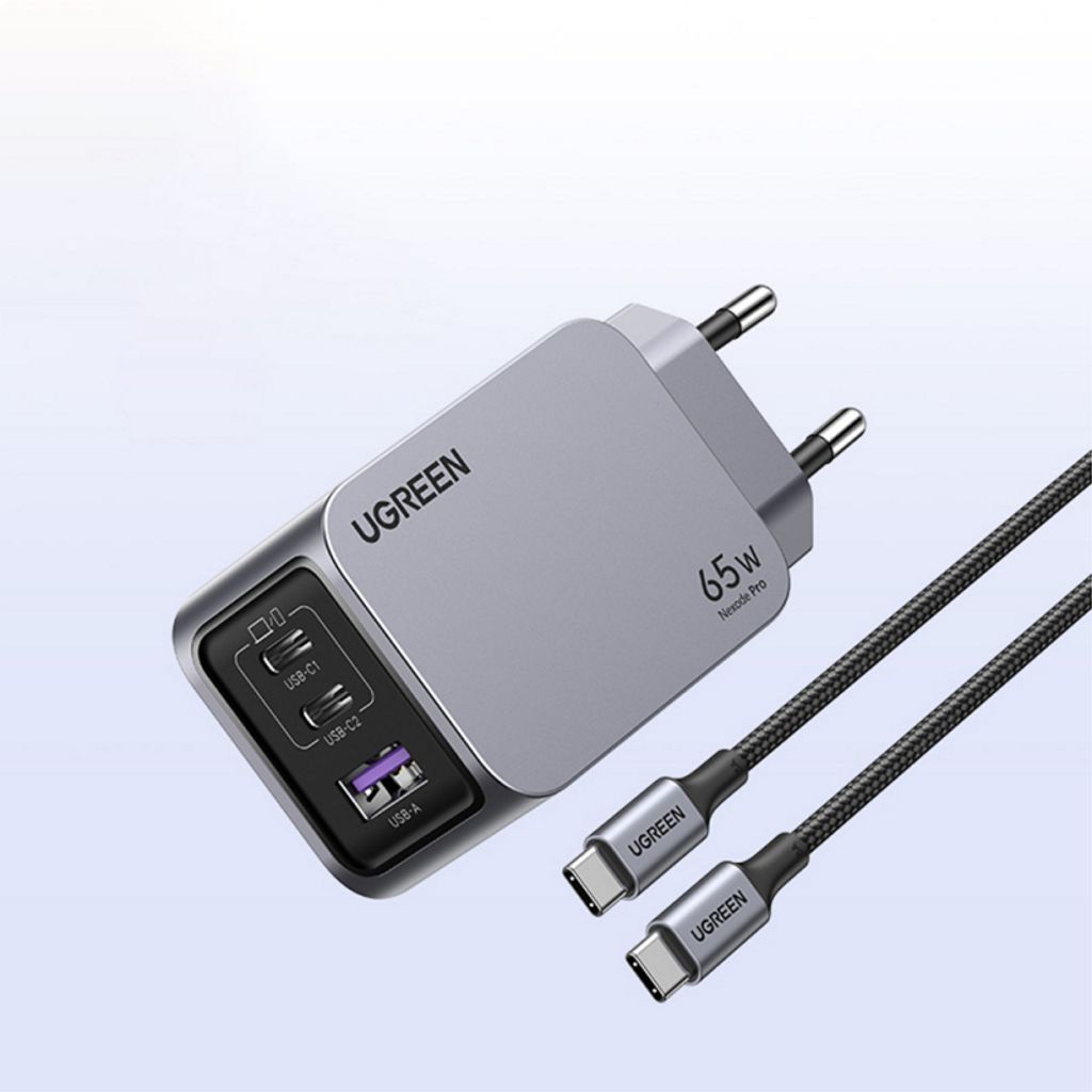 UGREEN X755 Nexode Pro 65W -seinälaturi – 2x USB-C / 1x USB-A USB-C-kaapelilla