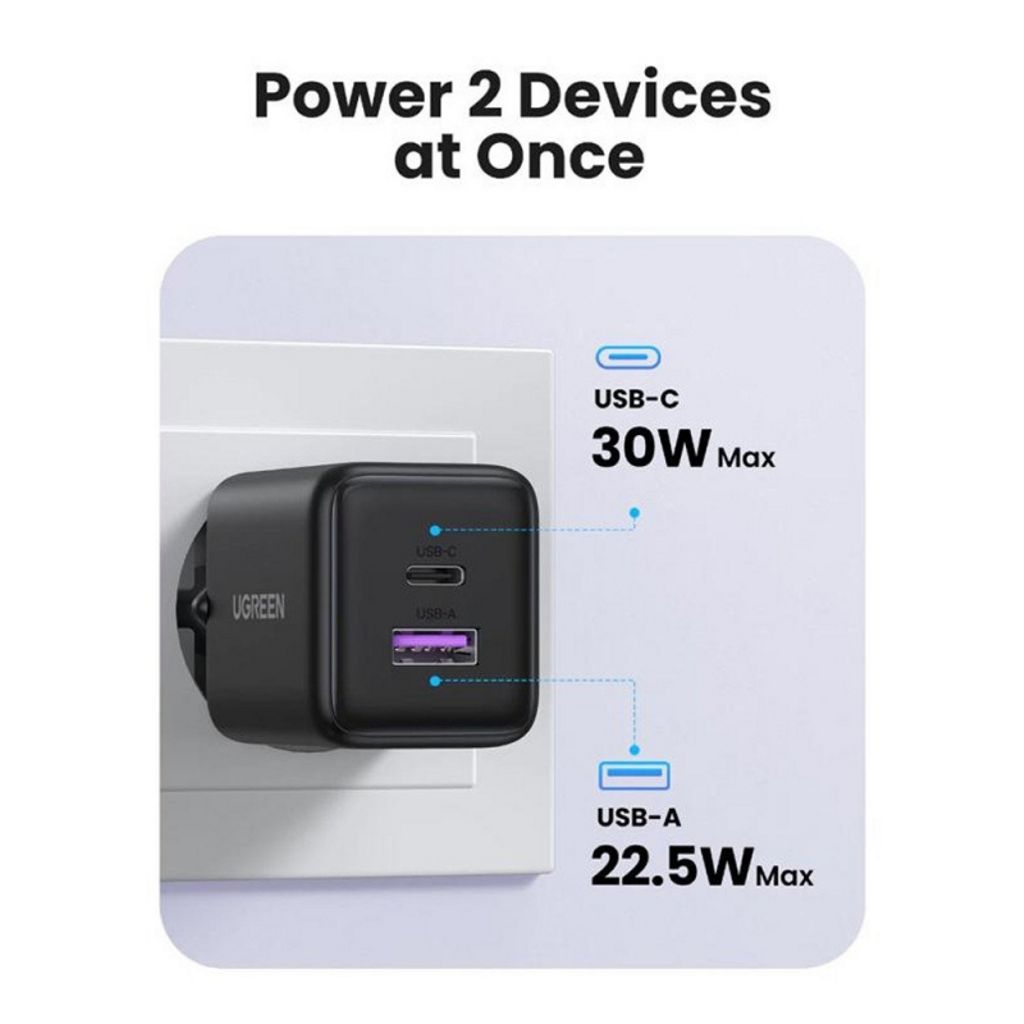 UGREEN Seinälaturi X516 30W, 3A, USB-A/USB-C - Valkoinen