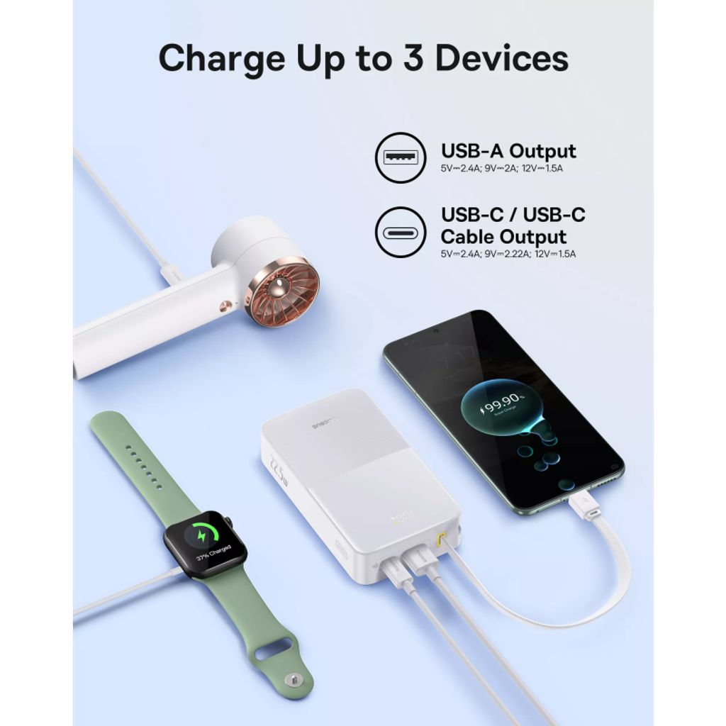 Baseus EnerFill Bipow2 Pro Powerbank 30000mAh QC+PD med USB-C-kabel - Hvit
