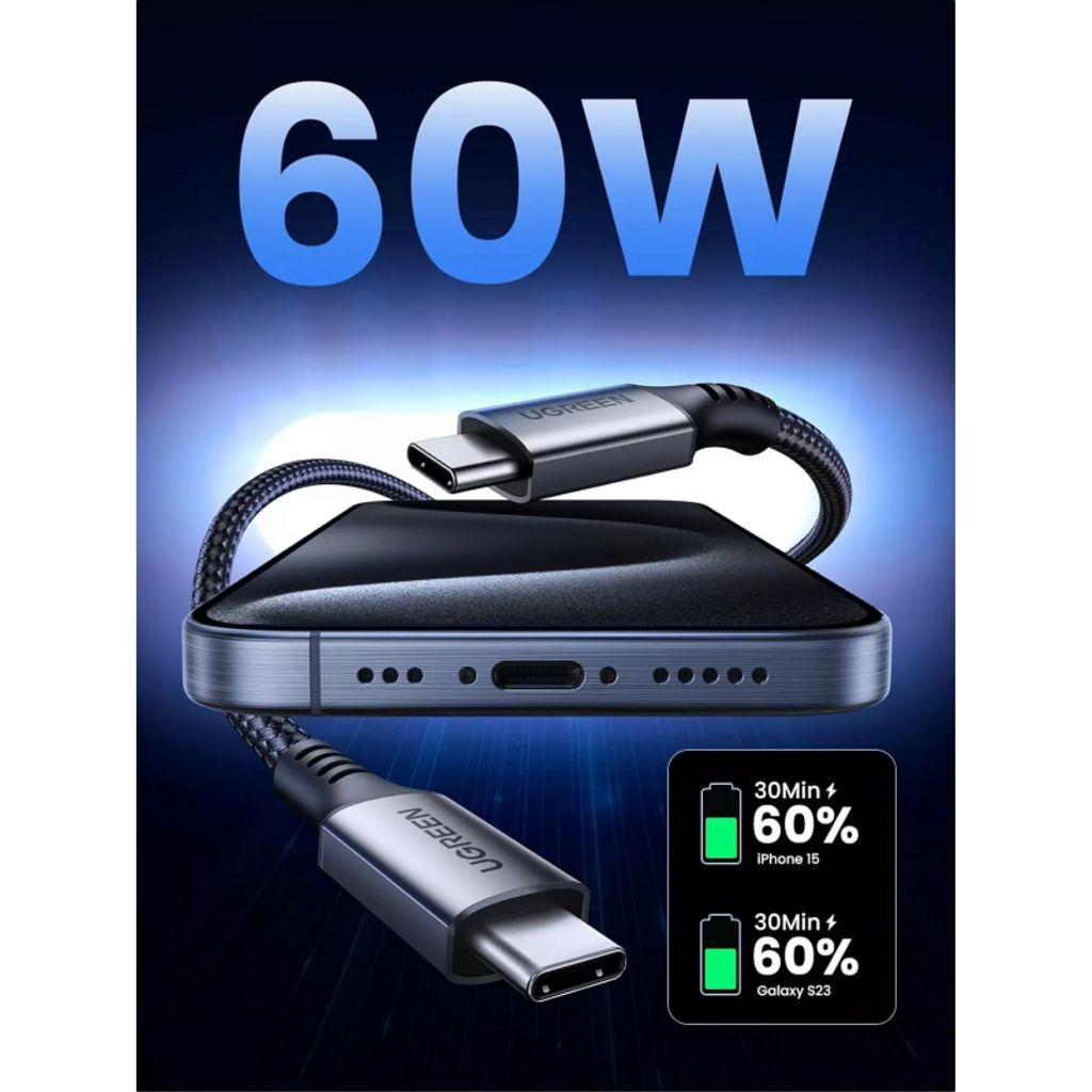 UGREEN US567 USB-C til USB-C kabel 60W – 2 m, grå