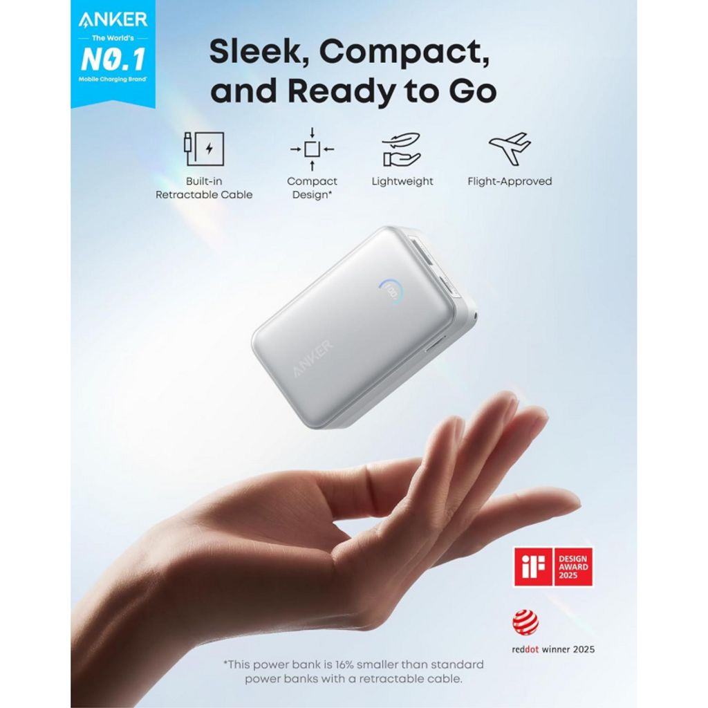 Anker Nano 10000 mAh hurtigopladende powerbank 45W med indbygget USB-C-kabel – hvid