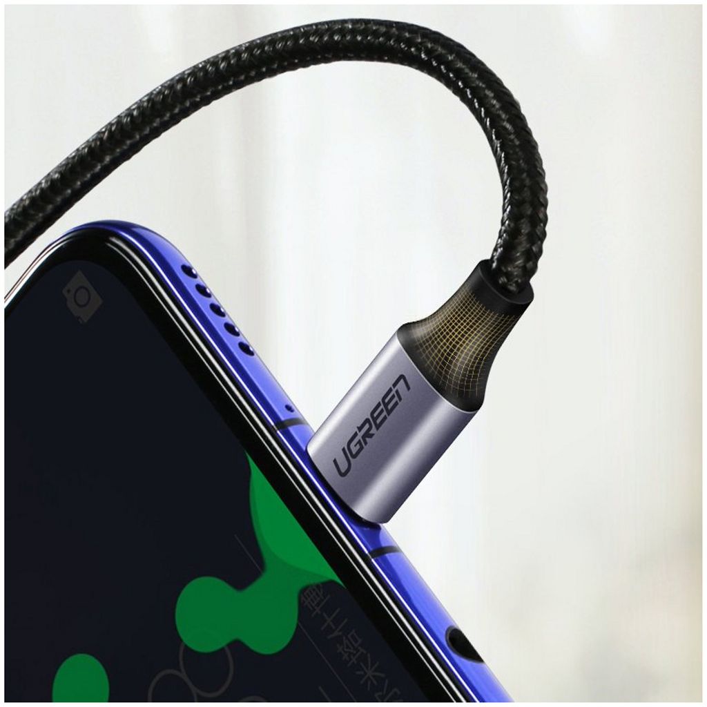 UGREEN US255 USB-C till USB-C-kabel vinklad, 60W, 3A, 2m – grå