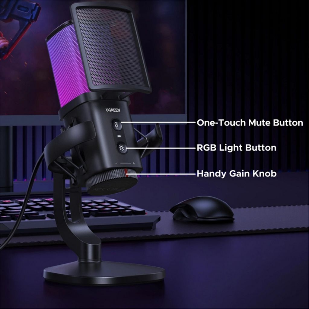 UGREEN CM581 Kardioidmikrofon med RBG-belysning, USB-C, 1,5 m - Svart