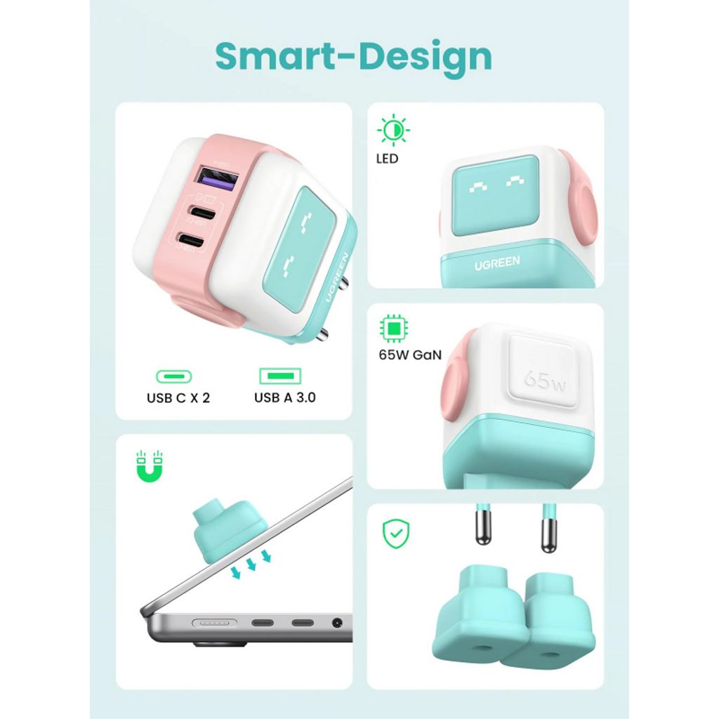 UGREEN CD361 Uno väggladdare USB-C/USB-A 65W – Blå/Rosa