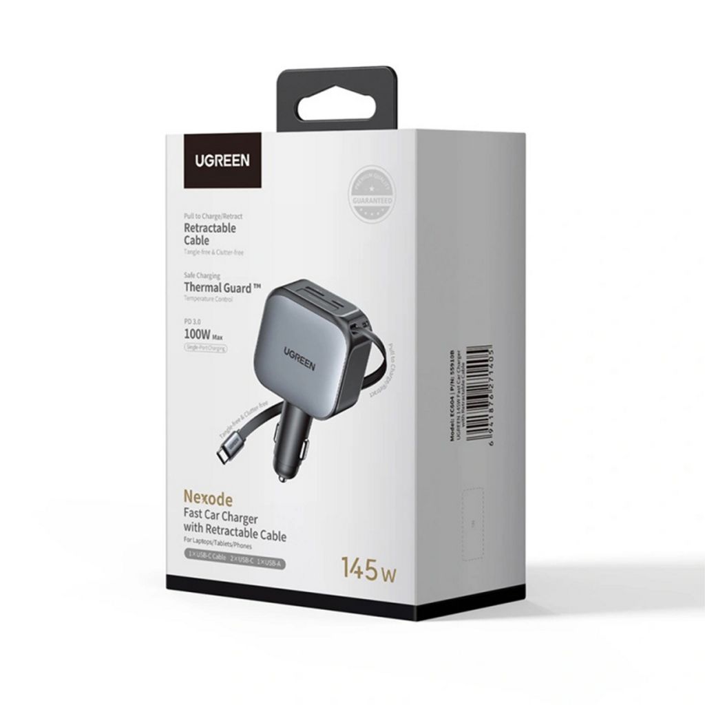 Ugreen Nexode billaddare 145W, USB-C/USB-A med utdragbar USB-C kabel – svart