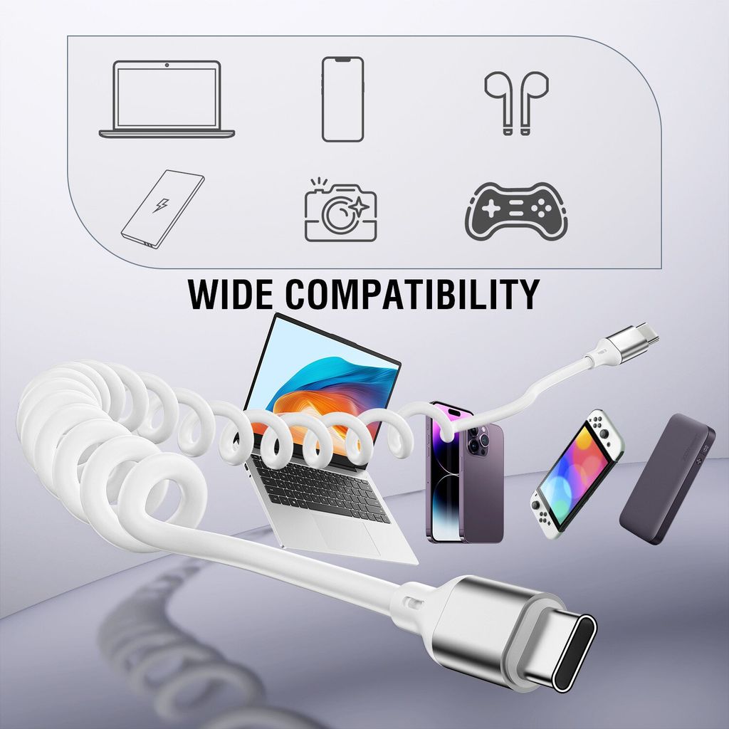 4Smarts USB-C-kabel, uttrekkbar spiralkabel, 100 W, 1,35 m – hvit